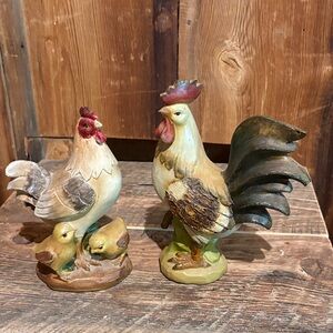 Rustic Rooster and Hen Figurine Set